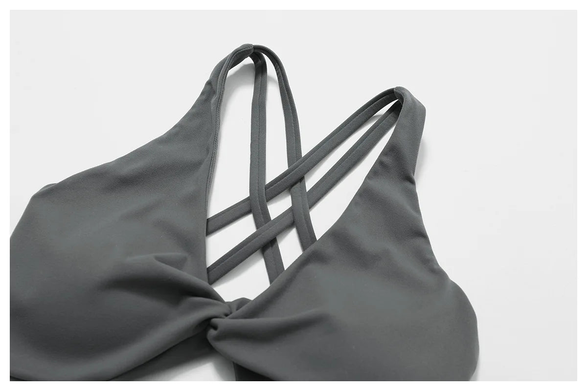 Front Twist Padded Sports Bra – Cross Strap & Push-Up Fitness Top