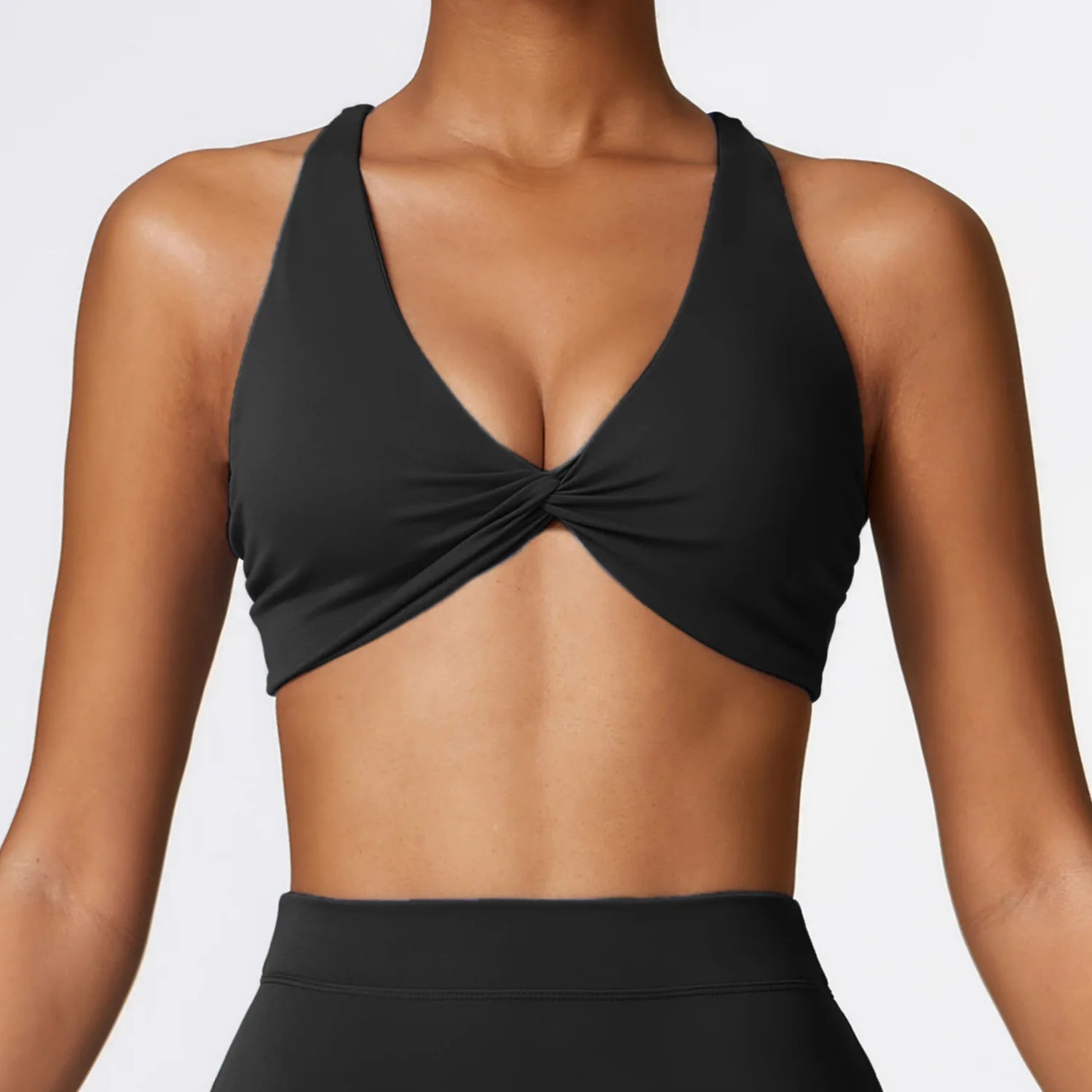 Front Twist Padded Sports Bra – Cross Strap & Push-Up Fitness Top