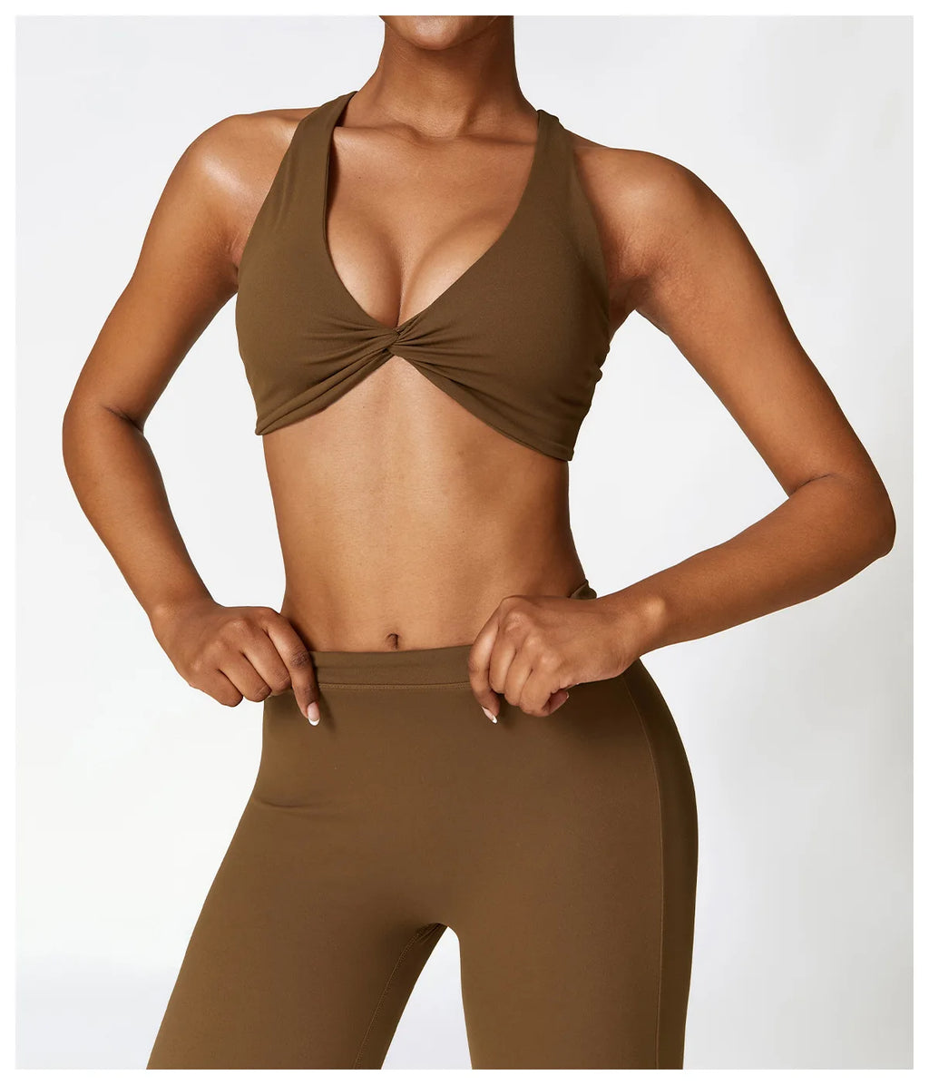 Front Twist Padded Sports Bra – Cross Strap & Push-Up Fitness Top