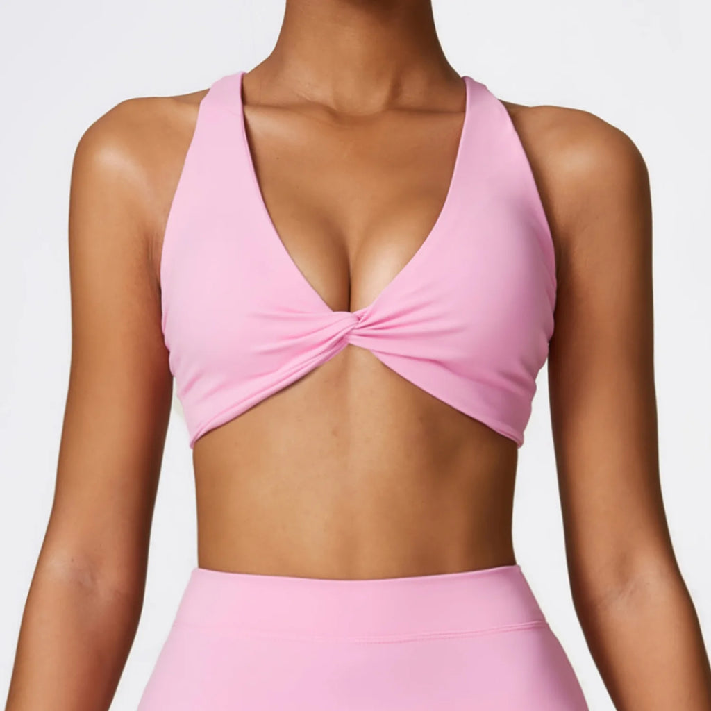 Front Twist Padded Sports Bra – Cross Strap & Push-Up Fitness Top